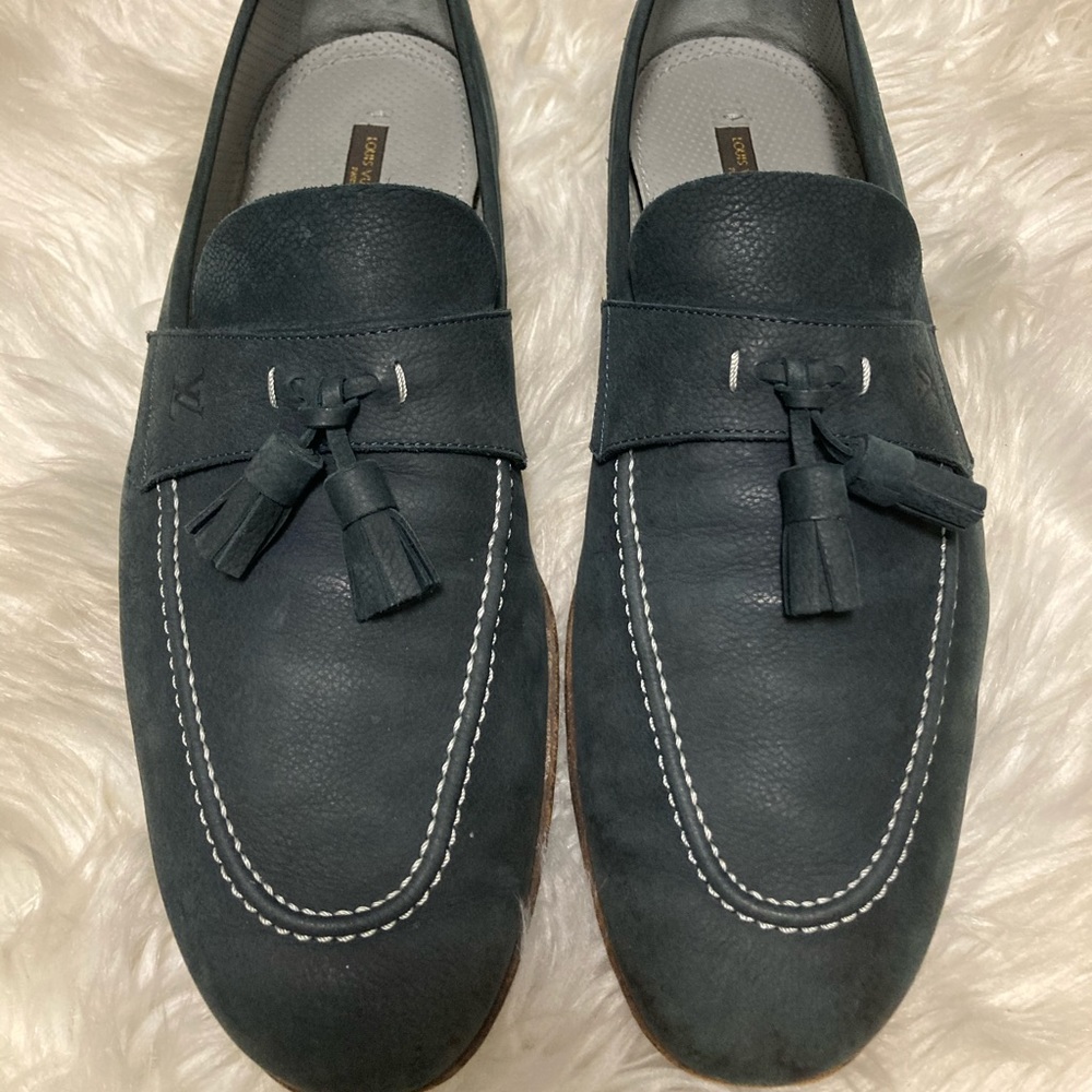 Louis Vuitton blue suede tasseled loafers